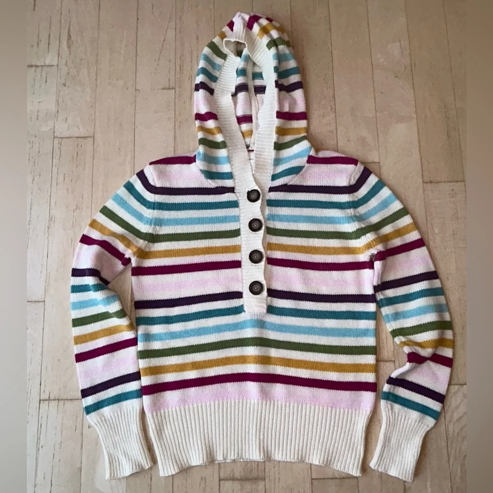 Aeropostale Women’s Hoodie Sweater Cream w/ Multicolor Rainbow Stripes Sz Large